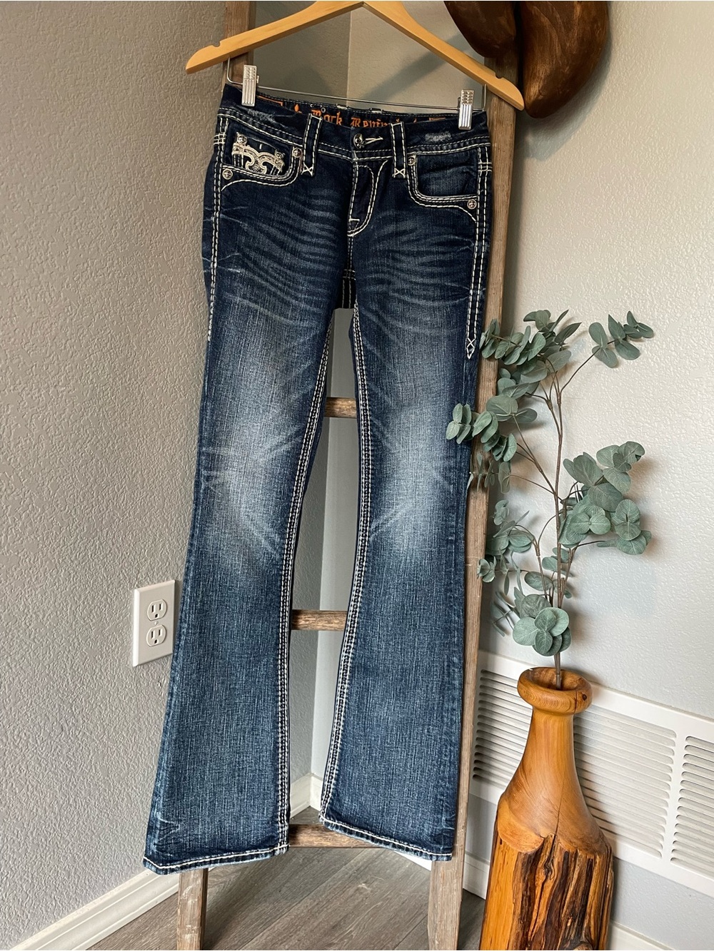 Rock Revival Dark Blue Bootcut Jeans with White Contrast Stitching